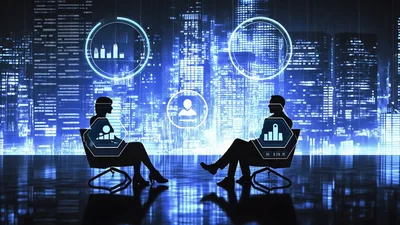 Business Professionals Discussing Data Analytics In Digital Cityscape