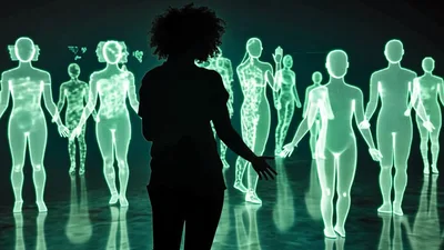 Woman Interacting With Holographic Human Figures In Dark Space