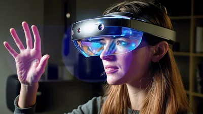 Woman Interacting With Augmented Reality Headset Interface