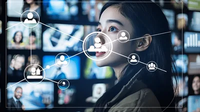 Young Woman Interacting With Digital Social Network Interface