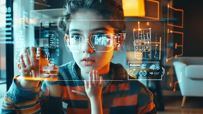 Young Girl Interacting With Futuristic Augmented Reality Interface