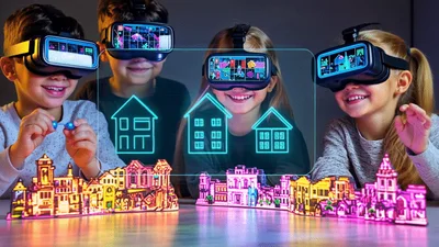 Children Wearing VR Headsets Interacting With Holographic House Models