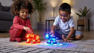 Children Playing With Interactive Robot Toys On Carpet