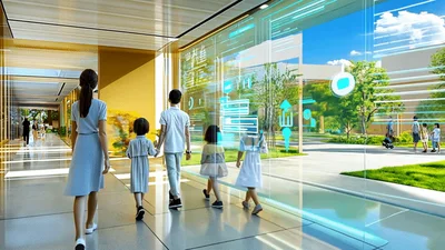 Family Walking Through Futuristic School Campus With Digital Interface