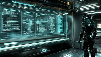 Cybernetic Soldier Analyzing Holographic Data Interface