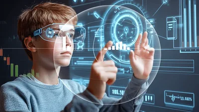 Young Boy Interacting With Futuristic Augmented Reality Interface