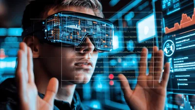 Young Man Interacting With Holographic Data Interface
