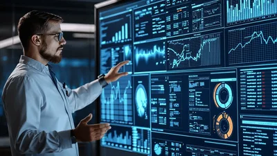 Data Scientist Interacting With Futuristic Digital Analytics Dashboard