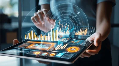 Business Professional Interacting With Holographic Data Analytics Interface
