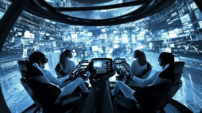 Futuristic Team Operating Advanced Virtual Reality Command Center