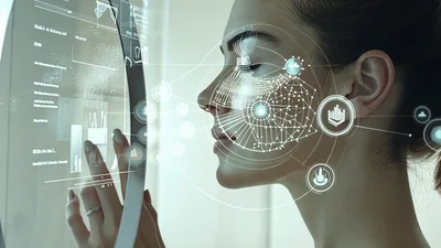 Woman Interacting With Futuristic Augmented Reality Facial Analysis Interface