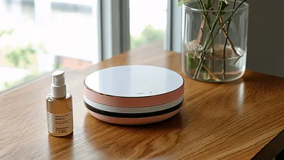 Round Cosmetic Device Rotating On A Wooden Table