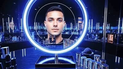 Man Appearing In A Futuristic Glowing Circular Mirror