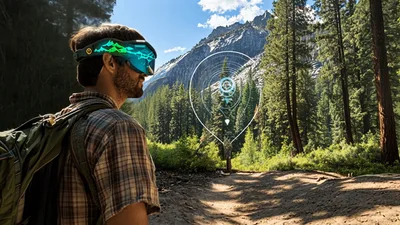 Hiker Wearing Augmented Reality Glasses In Mountain Forest