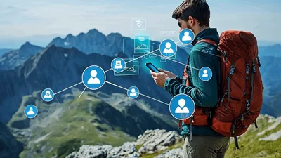 Hiker Using Smartphone With Digital Network Overlay
