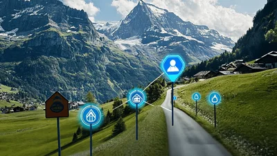 Digital Network Icons Connecting Over Alpine Mountain Road