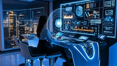 Female Operator Monitoring Futuristic Data Dashboard in High-Tech Office