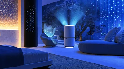 Modern Air Purifier Emitting Mist In Futuristic Bedroom