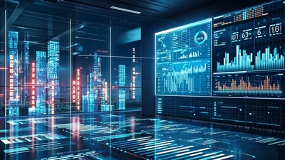 Futuristic Data Control Room With Digital Cityscape Visualization