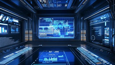 Futuristic Data Control Room With Animated Financial Charts