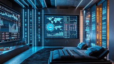 Futuristic Trading Room With Digital Data Displays