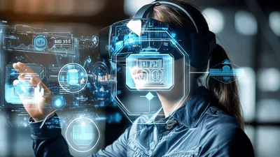 Woman Interacting With Holographic Data Interface In Virtual Reality