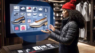Woman Interacting With Virtual Shoe Display In Retail Store
