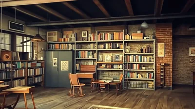 Slow Zoom Into A Cozy Industrial Style Library Interior