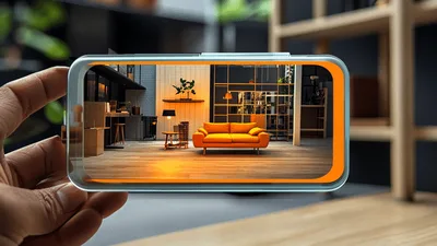 Hand Holding Smartphone Displaying Augmented Reality Interior Design