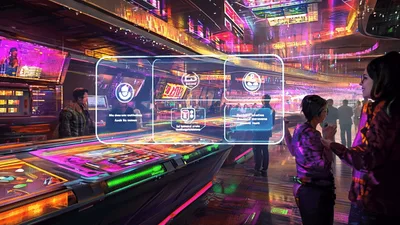 Futuristic Casino Interior With Holographic User Interface Display