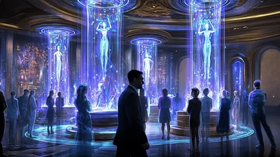 Futuristic Holographic Humanoid Display In Luxury Exhibition Hall