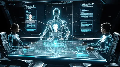 Futuristic AI Hologram Meeting in High Tech Command Center