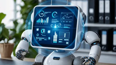 Small White Robot Displaying Data Analytics Dashboard