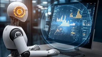 Humanoid Robot Analyzing Financial Data On Computer Screen