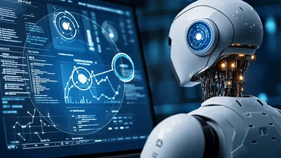 Futuristic Robot Analyzing Complex Data On Digital Screen