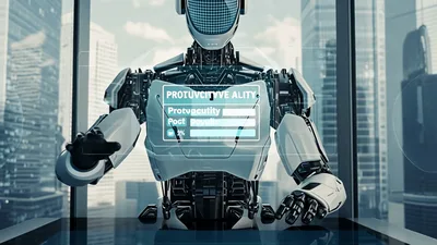 Futuristic Robot Interacting With Holographic Data Interface