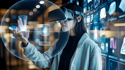 Woman Interacting With Holographic Interface Using VR Headset