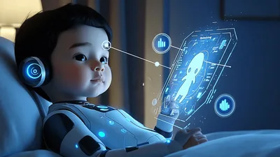 Futuristic Baby Interacting With Holographic Data Interface