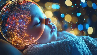 Sleeping Baby With Glowing Neural Network Brain Visualization