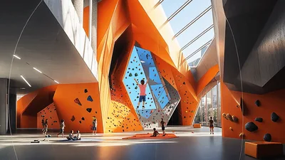 Young Climber Ascending Indoor Rock Climbing Wall