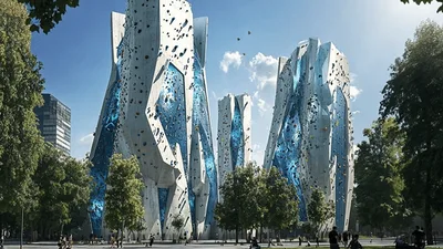 Futuristic Skyscraper Complex With Climbing Wall Facades