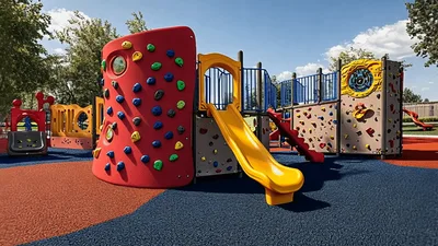 Modern Colorful Playground Equipment In A Sunny Park