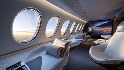 Futuristic Luxury Airplane Cabin Interior With Panoramic Windows