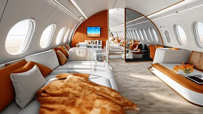 Luxury Private Jet Interior Cabin With Modern Lounge Seating