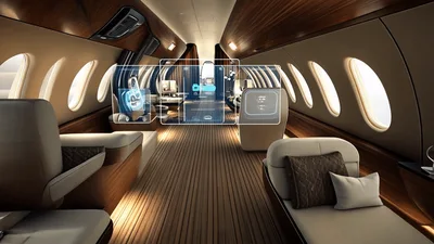 Futuristic Private Jet Interior With Augmented Reality Interface
