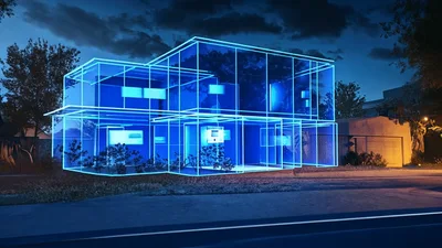 Digital Wireframe House Model Glowing On Residential Street