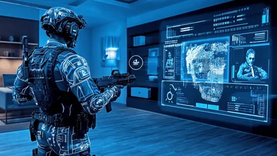 Futuristic Soldier Interacting With Digital Holographic Interface
