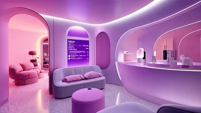 Futuristic Pink Lounge With Floating Holographic Interface