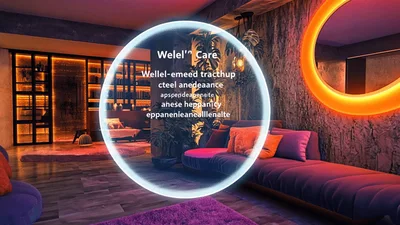 Neon Circular Text Overlay In Modern Living Room