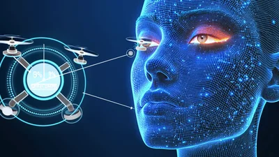 Digital Human Face Scanned By Futuristic Drones